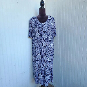 Ross Navy Blue White Textured Floral Stretch Tunic Short Sleeve Dress Midi XL